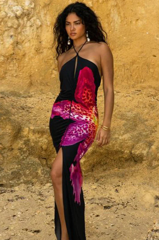 Halter V-neck Print High Slit Bodycon Maxi Dress