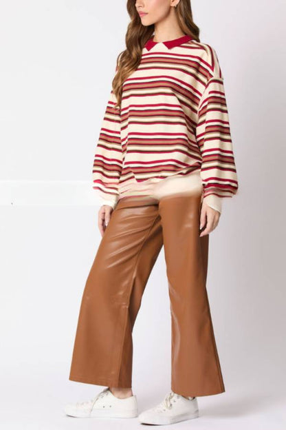 Striped Lapel Long-sleeved Top Loose Sweatshirt
