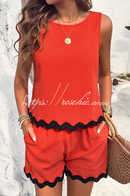 Wavy Edge Buttoned Elastic Waist Shorts Set