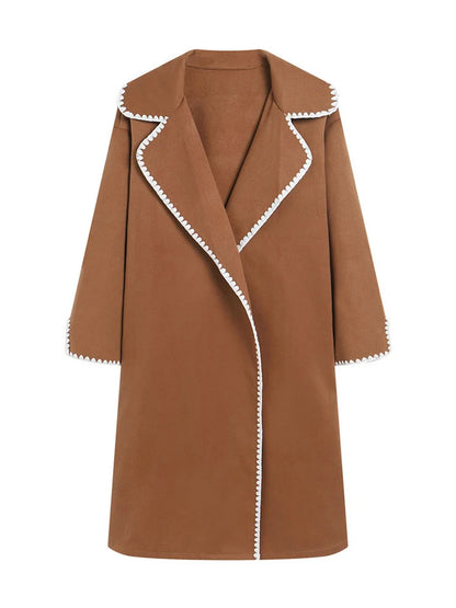 Lapel Contrast Loose Outwear Female Patchwork High Waist Long Sleeve Winter Patchwork Coat