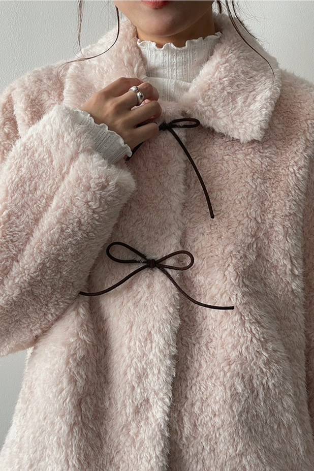 Color Block Bow Tie Fuzzy Tie-up Coat