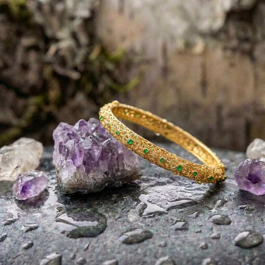 Ethnic Style Gold Green Gemstone & Floral Pattern Bangle Bracelet