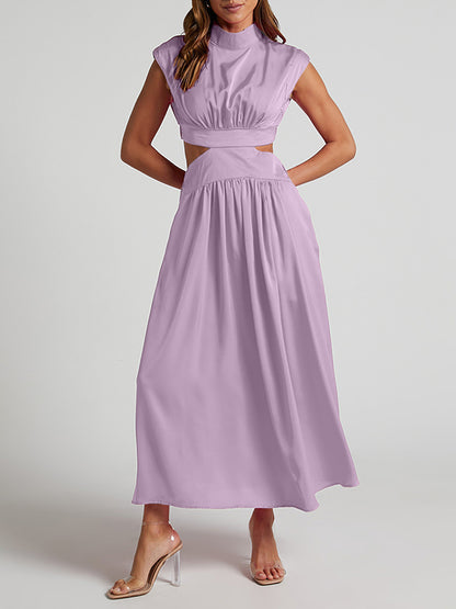 Cap Sleeve Belly-hollow Pleated Color Stand Collar Maxi Dresses