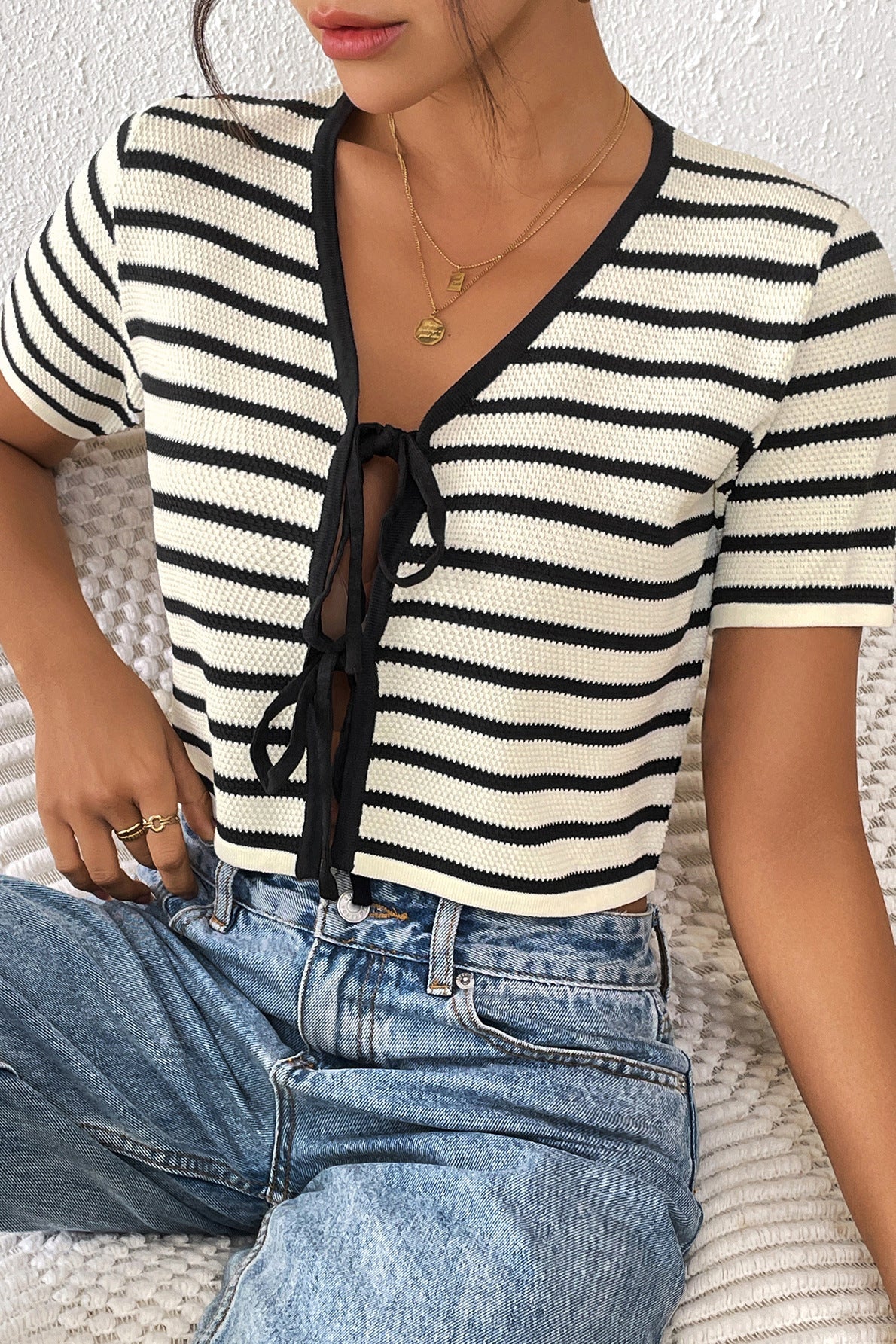 Striped Tie-front Knit Short Sleeves Cardigan