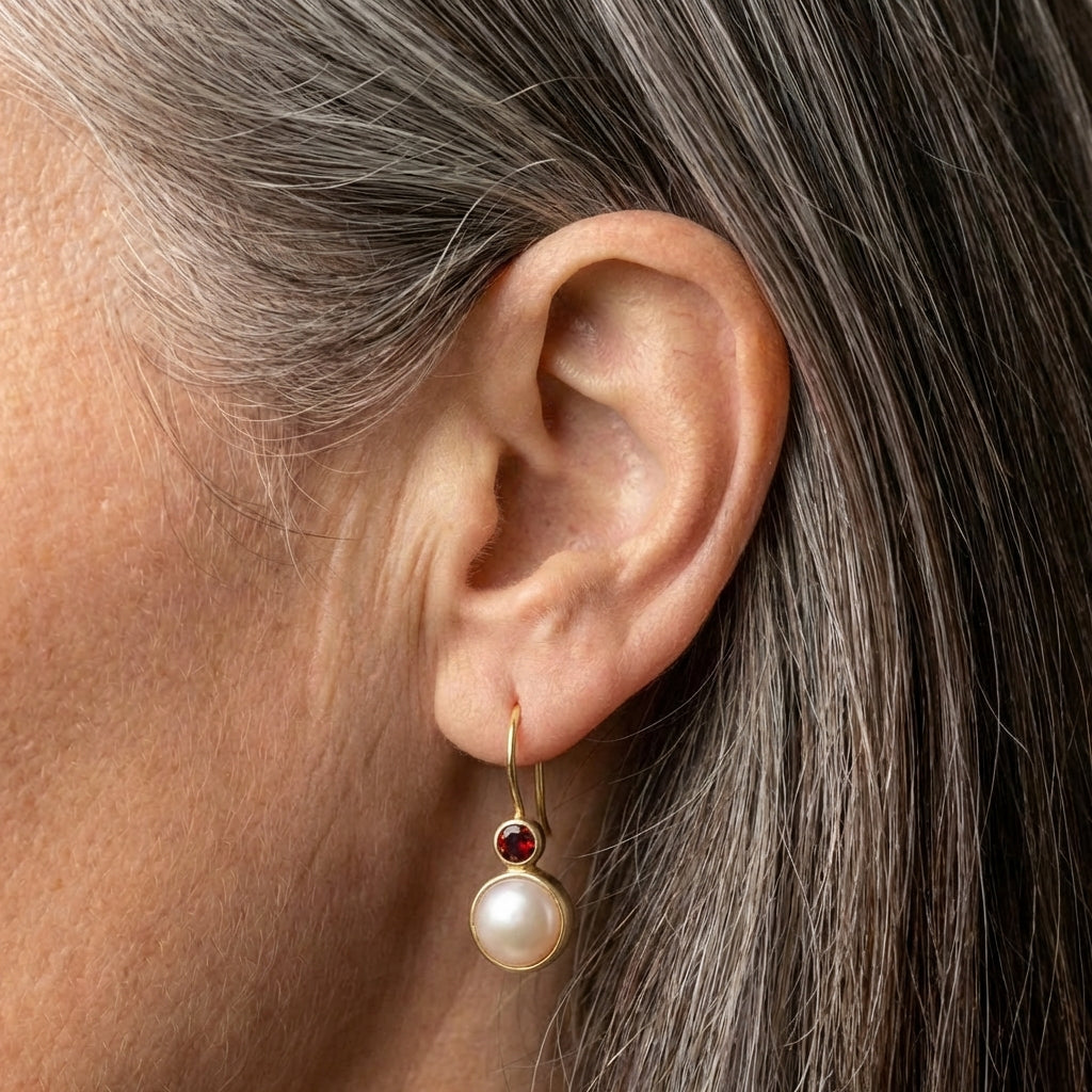 Vintage Pearl & Red Crystal Earrings