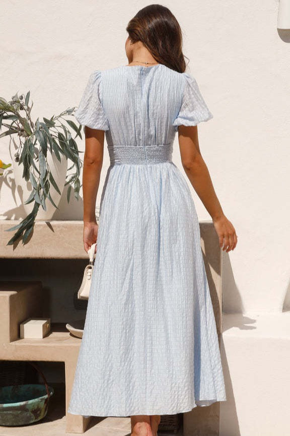 V Neck Puff Sleeve Flared Midi Dress