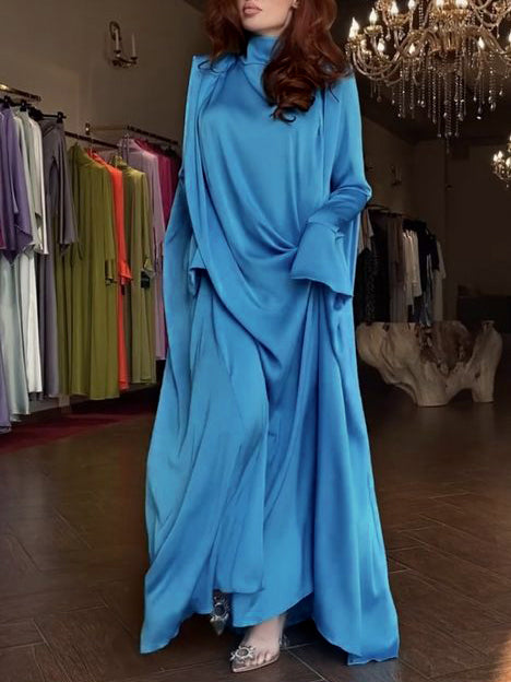 Flared Sleeves Long Sleeves Color High-neck Maxi Dresses