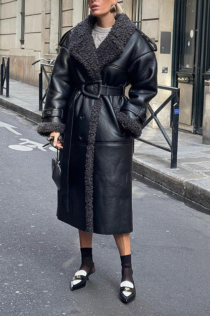 Black Faux Shearling Belted Cool Overcoat