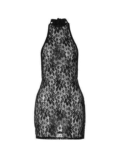 Black Lace Halter Backless Mini Dress With Tie Back