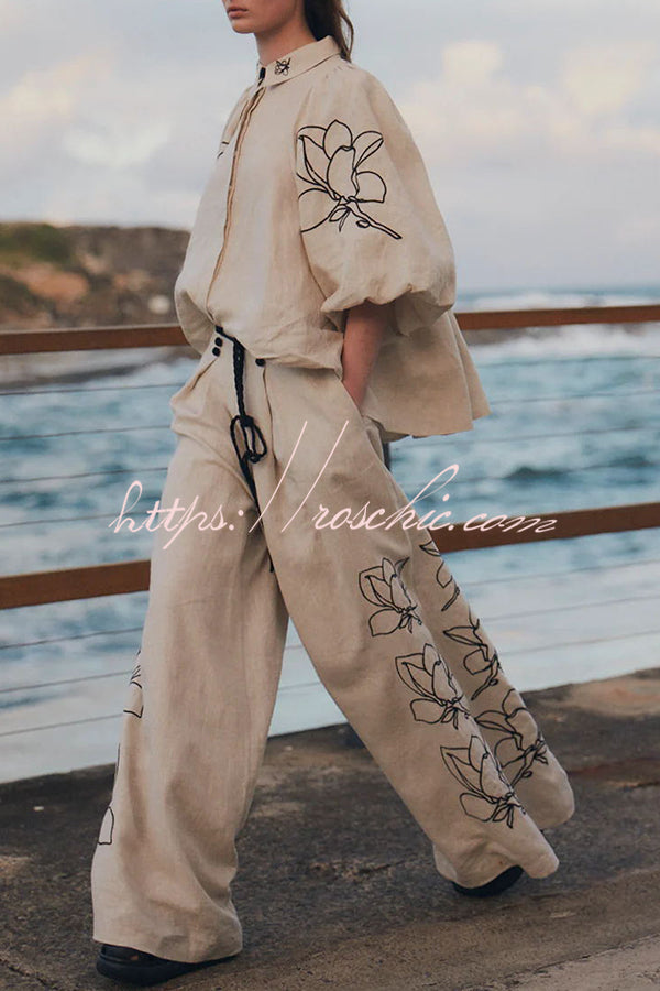 Elaina Linen Blend Print Button Pocketed Wide Leg Palazzo Pant
