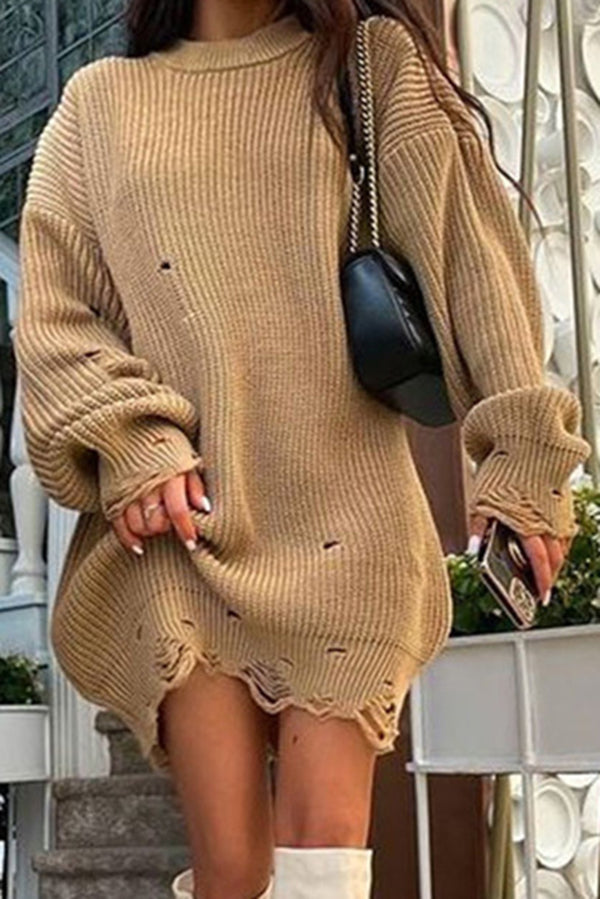 Color Loose Ripped Knitted Mid-length Sweater