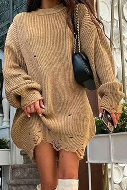 Color Loose Ripped Knitted Mid-length Sweater