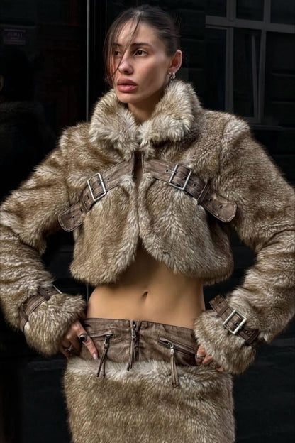 Cropped Patchwork Stand Collar Coat