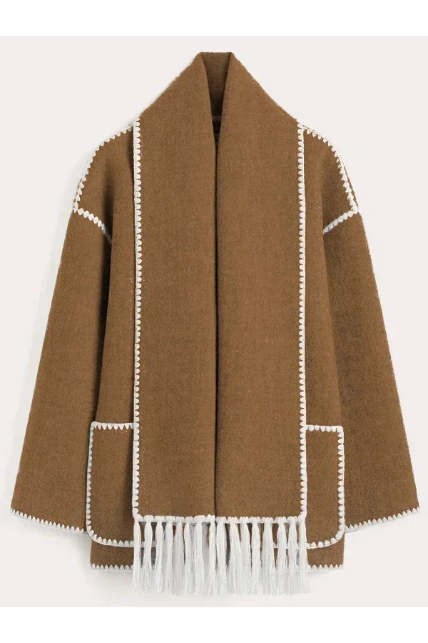 Scarf-neckline Felt Woolen Coat