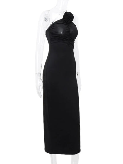 Flower Bodycon Maxi Dresses for Folds Slim Black Sundress ’s Backless Party Temperament Dresses Woman