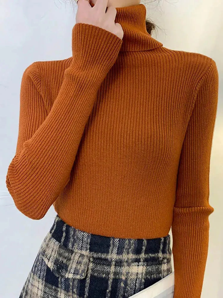 New Pullover Turtleneck Sweater Autumn Long Sleeve Slim Elastic Korean Simple Basic Jumper Color Top