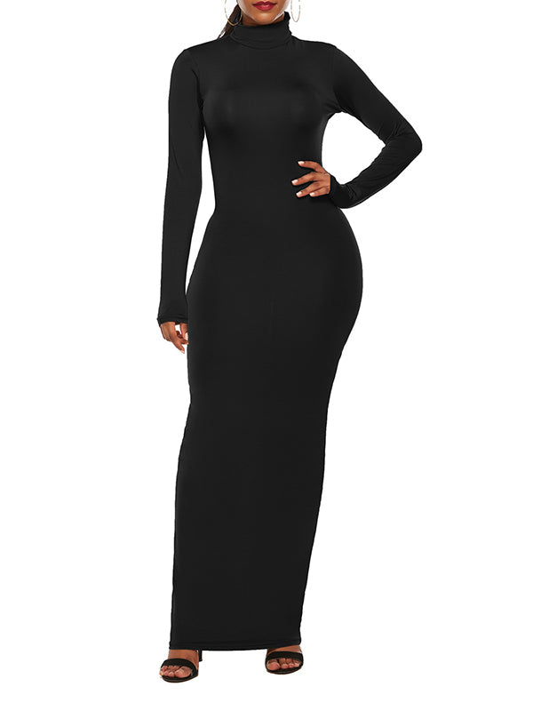 Bodycon Long Sleeves Color High Neck Maxi Dresses