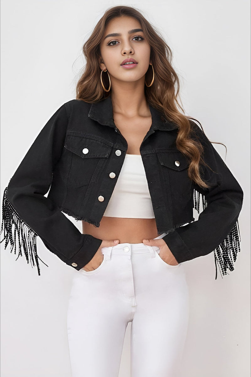 Beaded Fringe Raw Hem Denim Coat