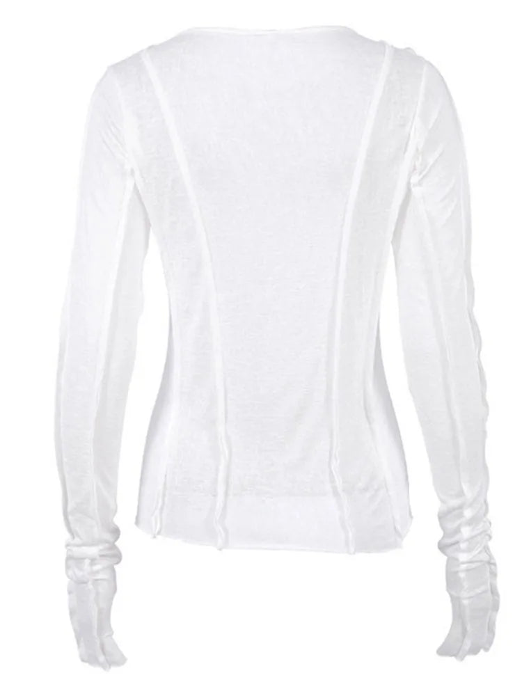 White O-neck ’s T-shirt Yellow Long Sleeve Fall Tee Shirt Slim Elastic Top Female