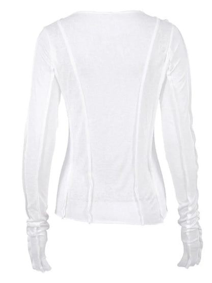 White O-neck ’s T-shirt Yellow Long Sleeve Fall Tee Shirt Slim Elastic Top Female
