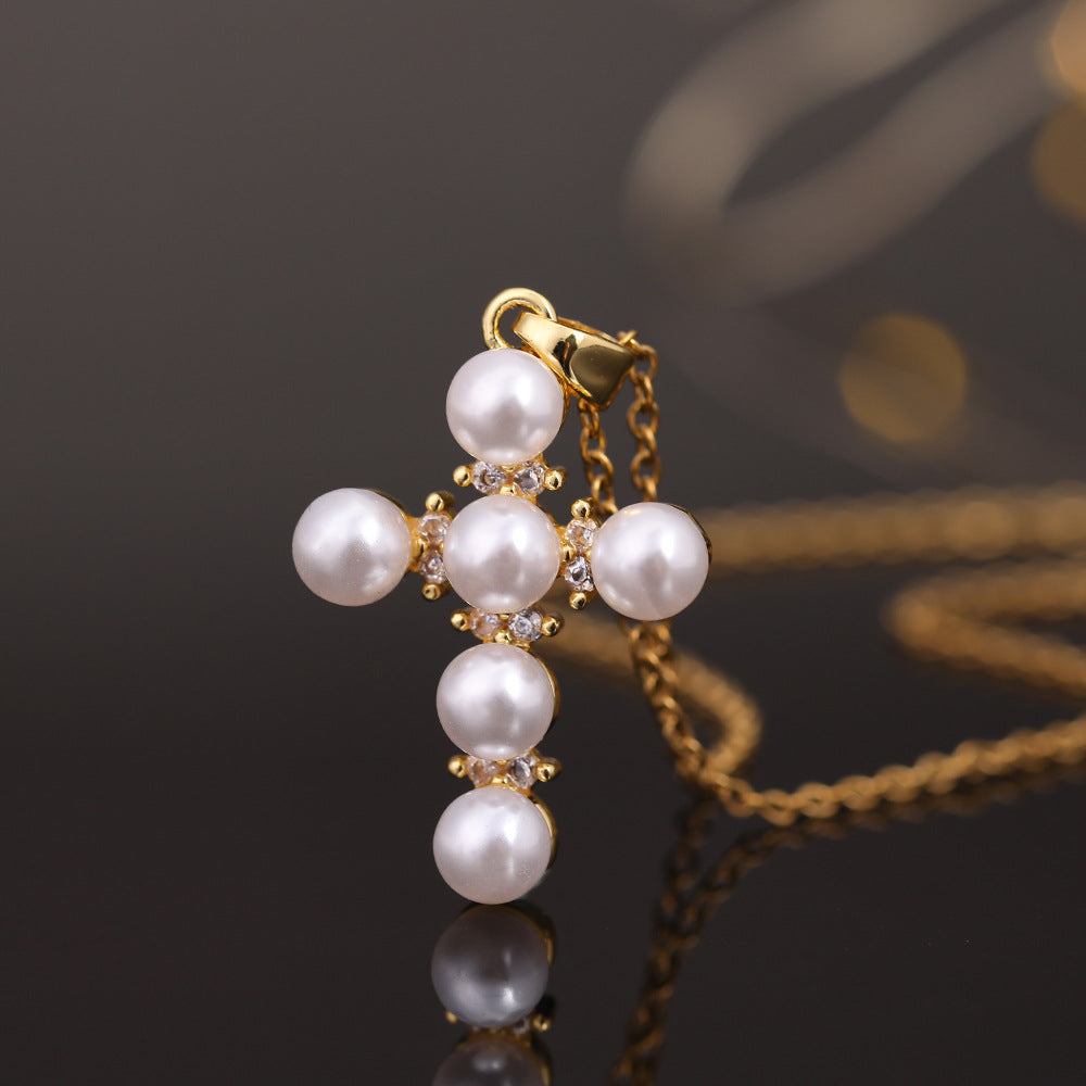 Elegant Pearl Cross Necklace