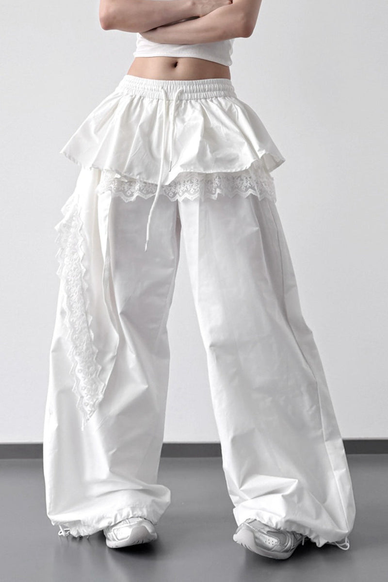 Lace Skirt Hem Trim Wide Leg Pants