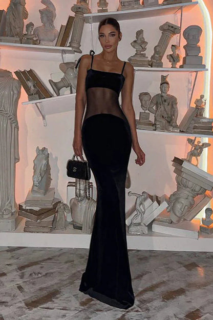 V-neck Sheer Mesh Cami Bodycon Maxi Dress