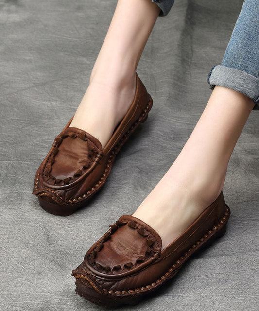 Coffee Flat Shoes for Splicing Cowhide Leather