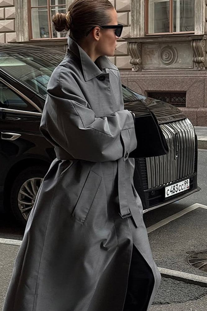 Lazy- European Color Stand Collar Belted Long Overcoat