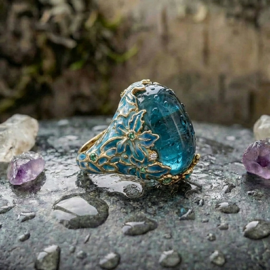 Elegant Blue Stone Flower Ring