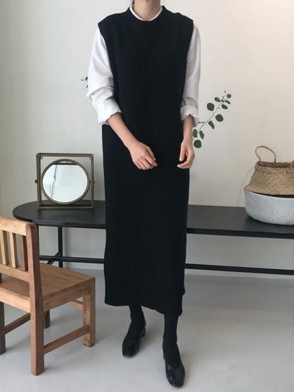 Urban Loose Sleeveless Color Round-neck Midi Dresses Sweater Dresses
