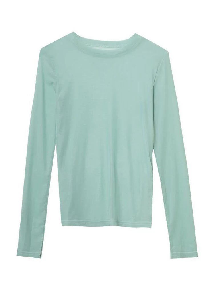 T Shirt See Through Transparent Mesh Tops Long Sleeve T-shirt Pink Green Top Basic Tops for