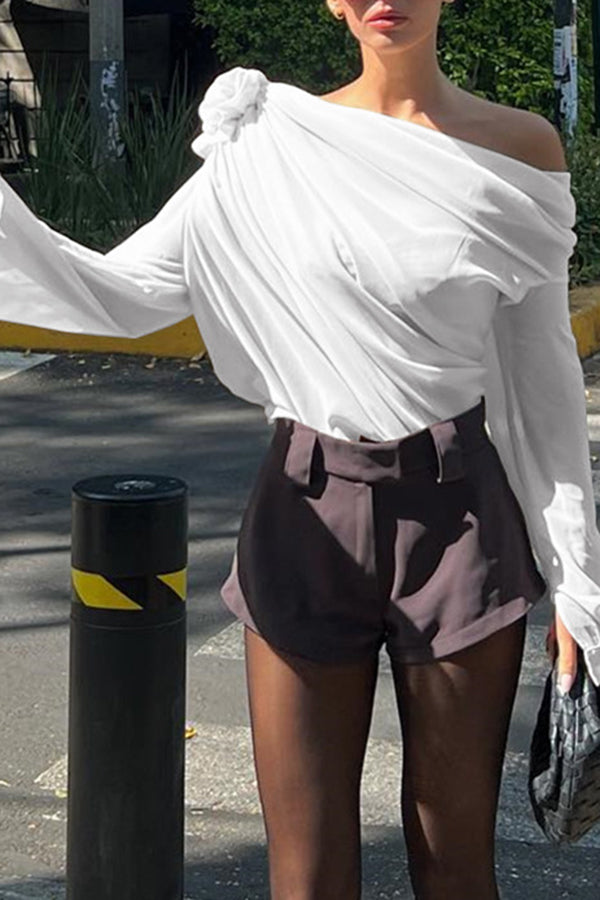 Three Dimensional Flower Tulle Off Shoulder Long Sleeved Blouse