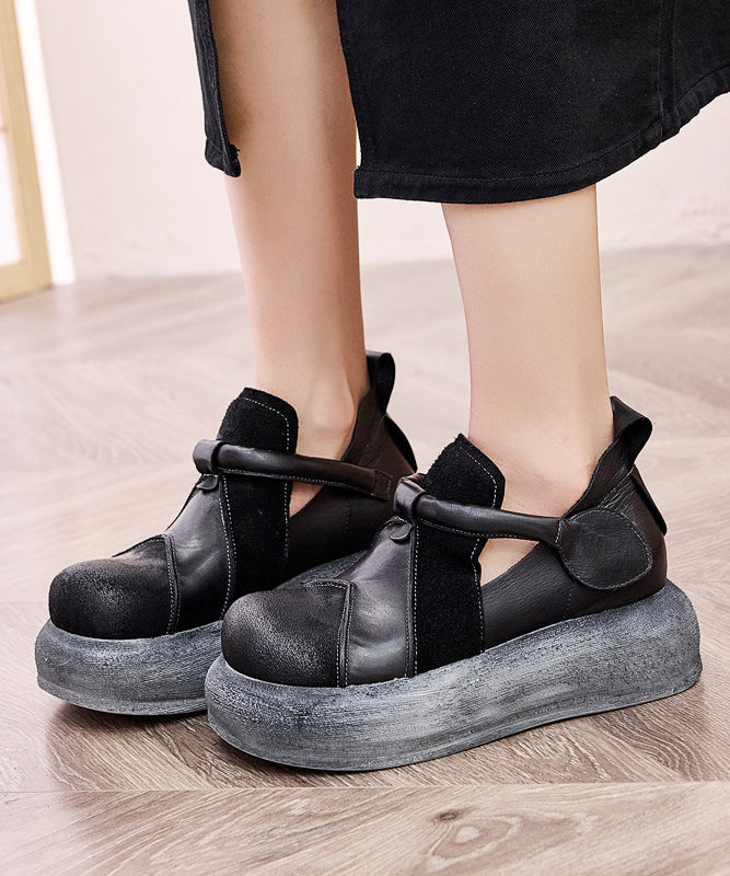 Splicing Platform Flat Shoes Green Cowhide Leather