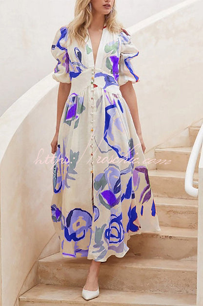 Lover's Gaze Watercolor Printed Puff Sleeve Button Maxi Dress