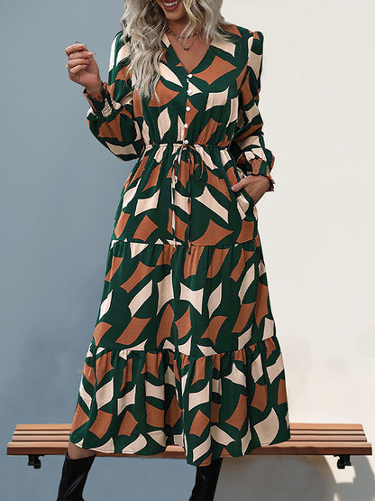 A-line Long Sleeves Buttoned Elasticity Pleated Printed Split-joint Tied Waist V-neck Midi Dresses