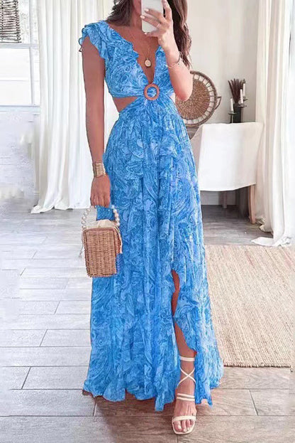 Boldest Bloom Printed Ruffle Sleeve Cutout Maxi Dress