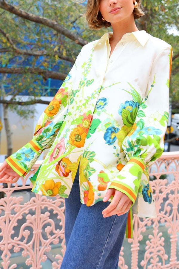 Antibes Satin Print Back Tie-up Button Down Oversized Blouse