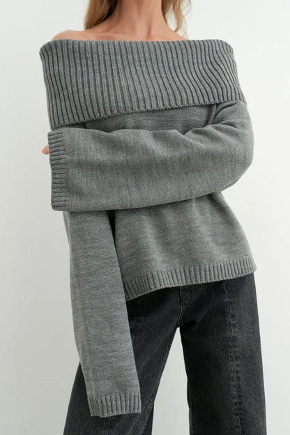 Color Off Shoulder Knitted Sweater