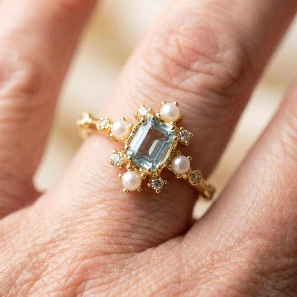 Vintage Sky Blue Gem Pearl Ring