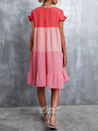 Loose Ruffle Sleeves Contrast Color Falbala Pleated Split-joint Round-neck Mini Dresses