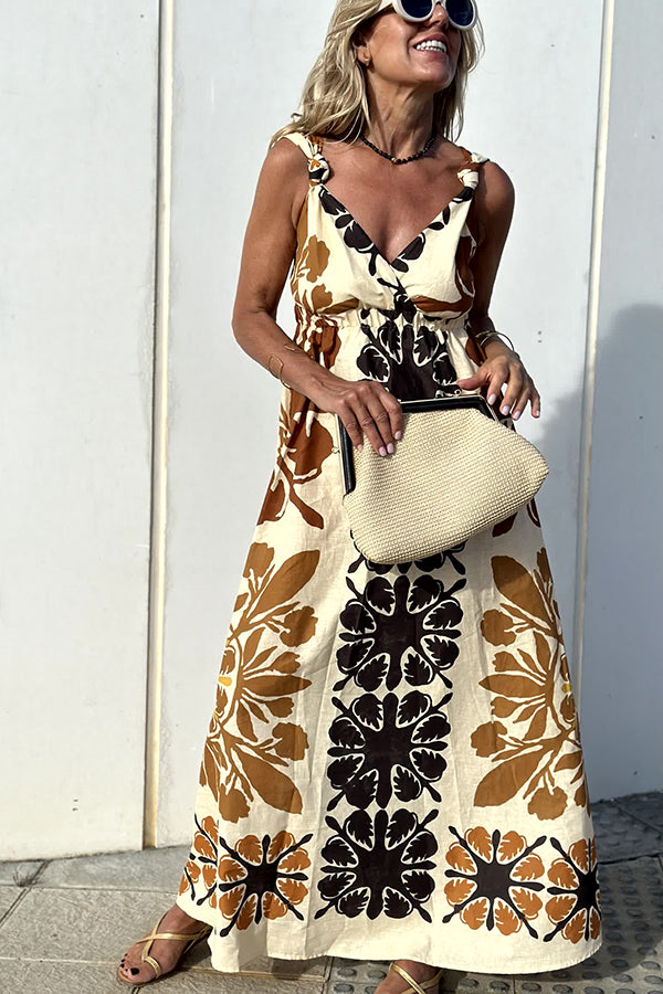Jalen Linen Blend Print Knotted Strap Elastic Waist Midi Dress
