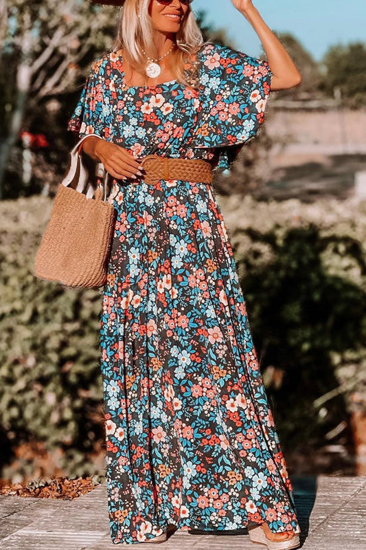 Sky Blue Print Knotted Backless Maxi Dress
