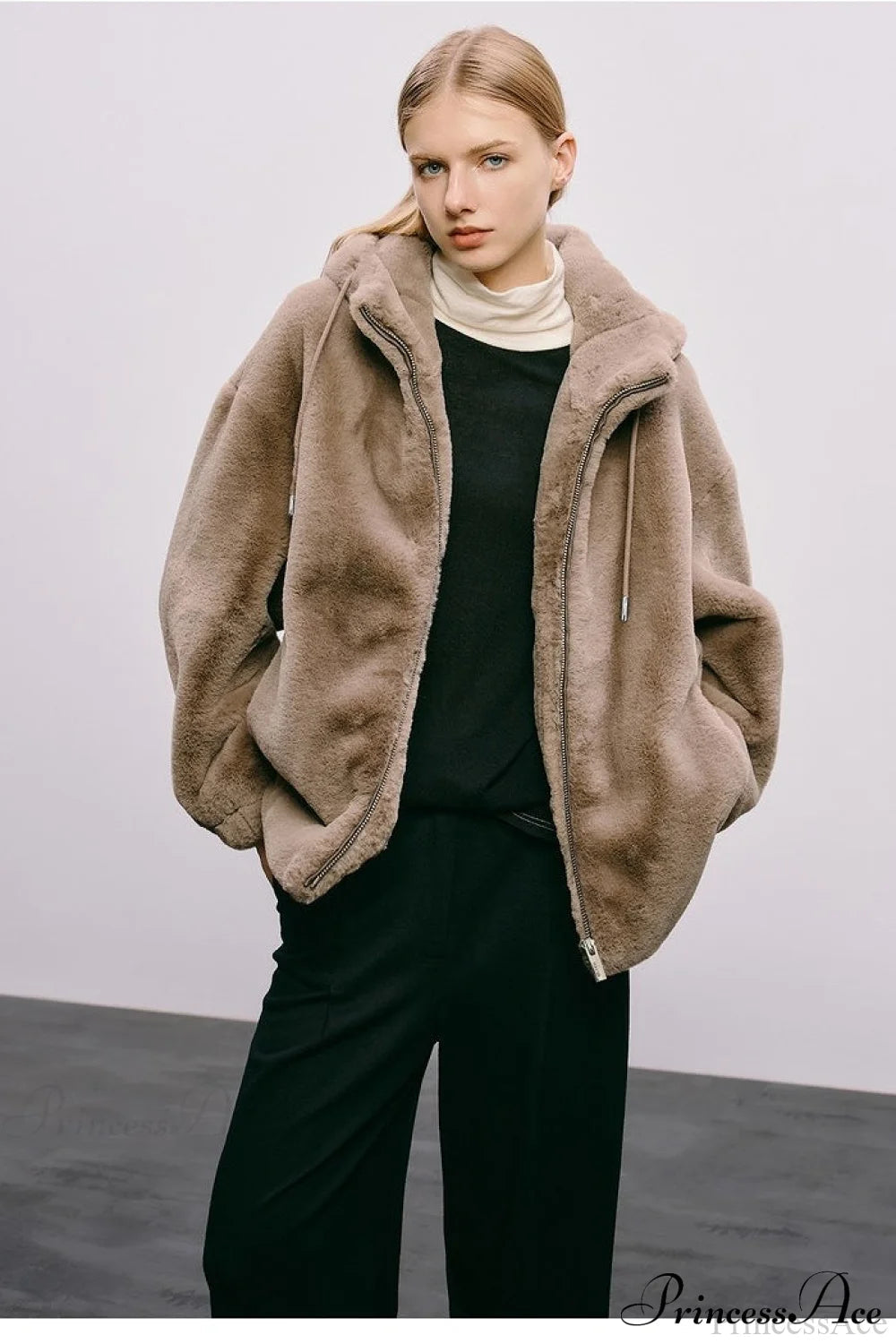 Faux Mink Rabbit Fur One Hooded Thick Coat