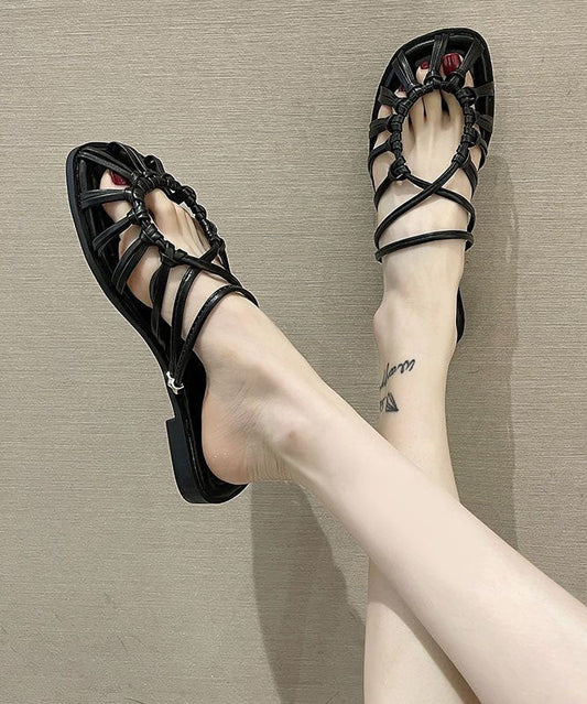 Black Pu Flat Slide Sandals Splicing Hollow Out