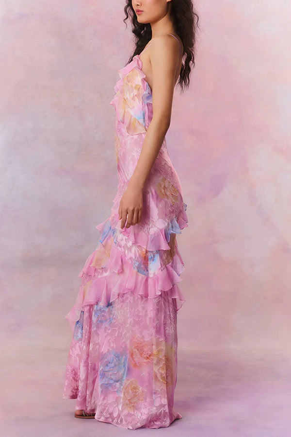 Multicolor Tie-dye Backless Wave-hem Strap Maxi Dress