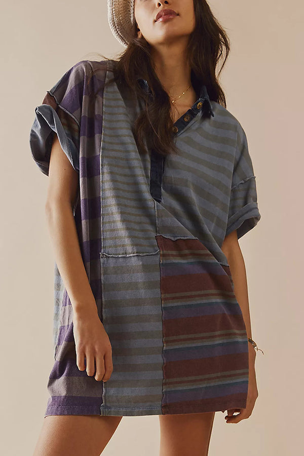 Contrast Striped Patchwork Denim Lapel Loose Mini Dress