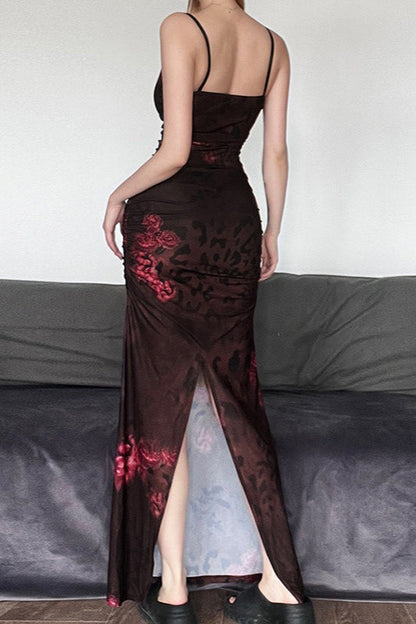 Spaghetti Strap Bodycon Retro Print Maxi Dress