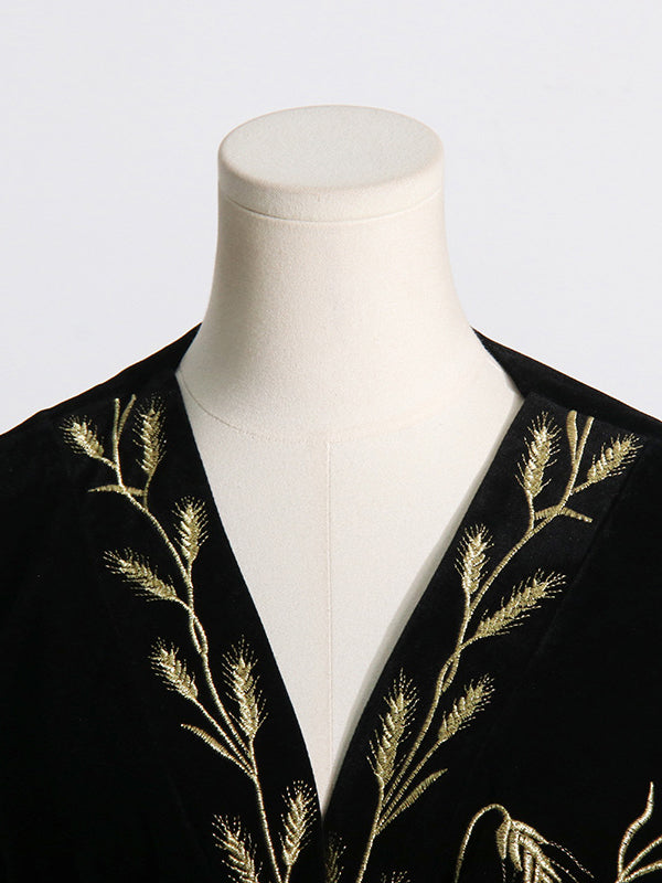 Loose Puff Sleeves Embroidered Tied Waist V-neck Mini Dresses