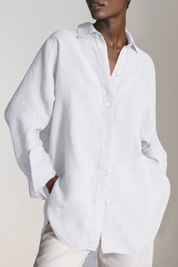Reality Calling Linen Blend Button Long Sleeve Loose Blouse